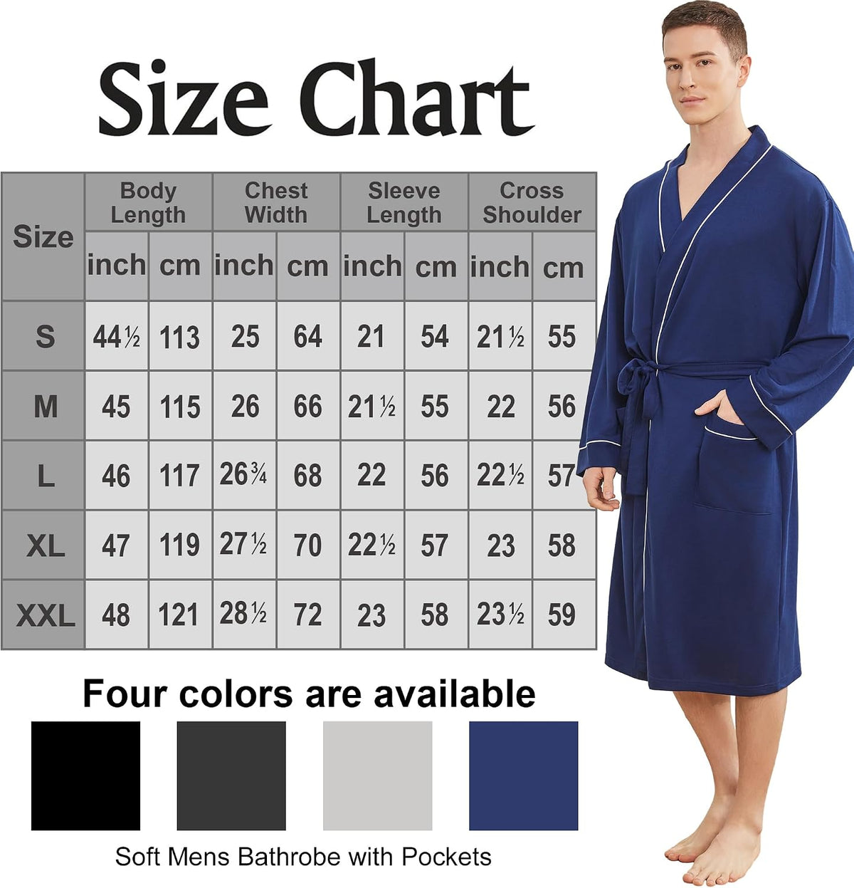 Mens Lightweight Robe, Knit Kimono Bathrobe Spa Sleepwear Soft Knee Length Robe With Pockets
