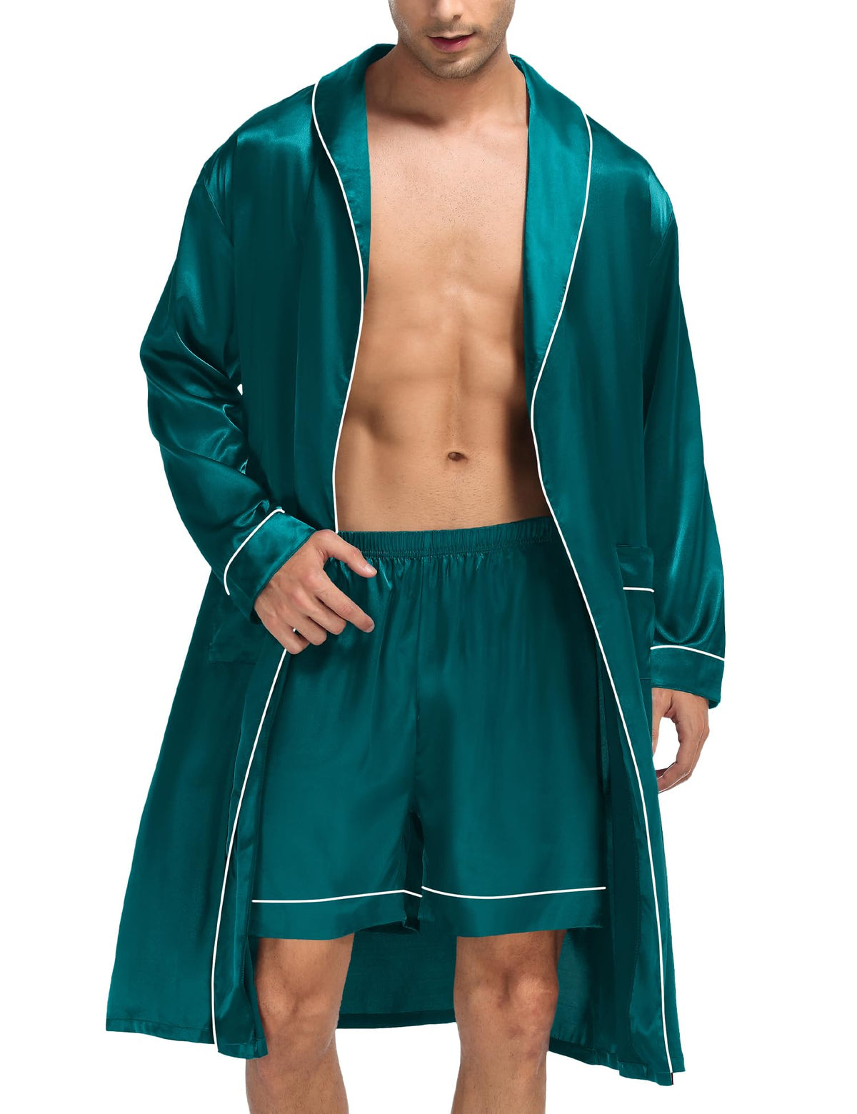 SWOMOG Men's Satin Robe Silky Kimono Bathrobe with Shorts Set Lightweight Soft Loungewear Nightwear