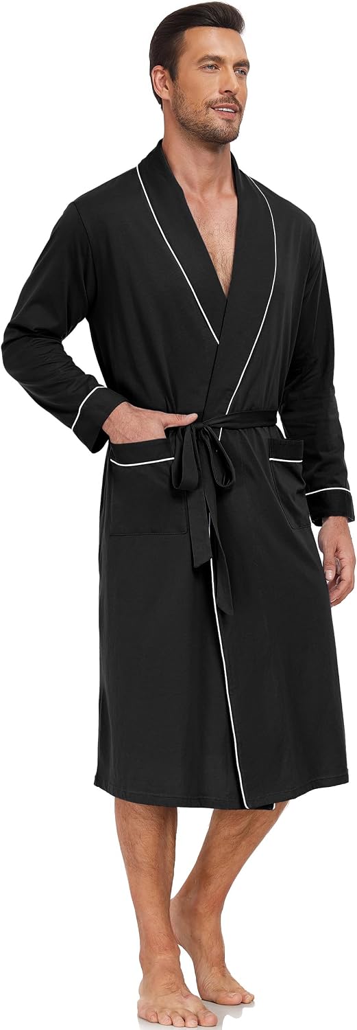 CF Men's 100% Cotton Robe Lightweight Bathrobe Long Sleeve Knit Kimono Sleepwear Soft Knee Length Shower Robe with Pockets