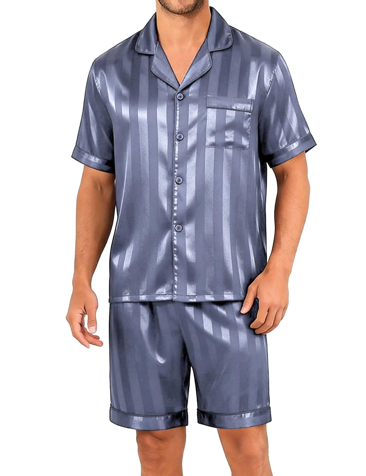 Sykooria Mens Pajamas Set Silk Satin Sleepwear 2 Piece Short Sleeve Loungewear Button Down Pj Set S-XXXL