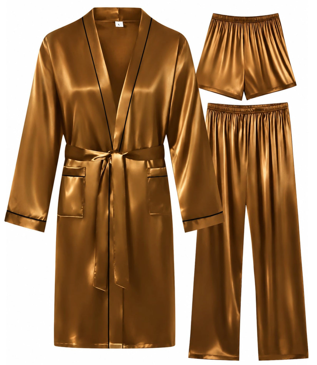 SWOMOG Mens 3 PCS Satin Robe with Pants & Shorts Set Kimono Bathrobe Long Sleeve Sleepwear Pjs Sets with Pockets