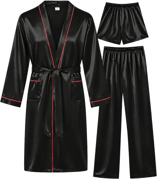 SWOMOG Mens 3 PCS Satin Robe with Pants & Shorts Set Kimono Bathrobe Long Sleeve Sleepwear Pjs Sets with Pockets