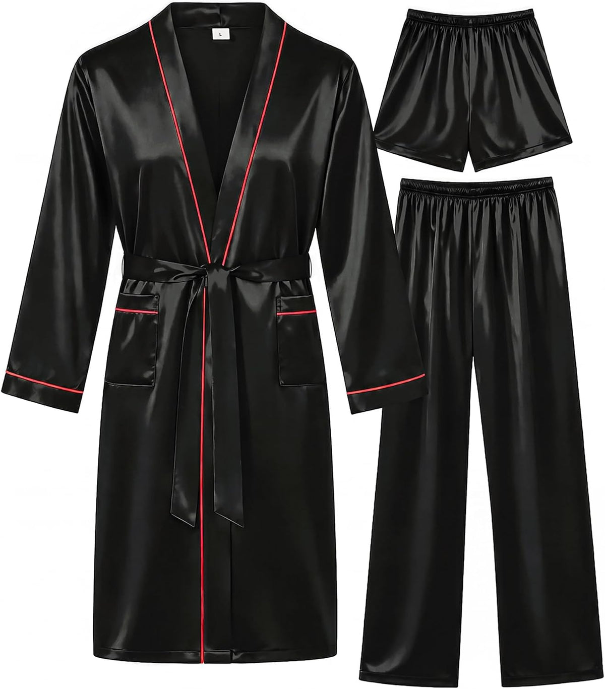 SWOMOG Mens 3 PCS Satin Robe with Pants & Shorts Set Kimono Bathrobe Long Sleeve Sleepwear Pjs Sets with Pockets