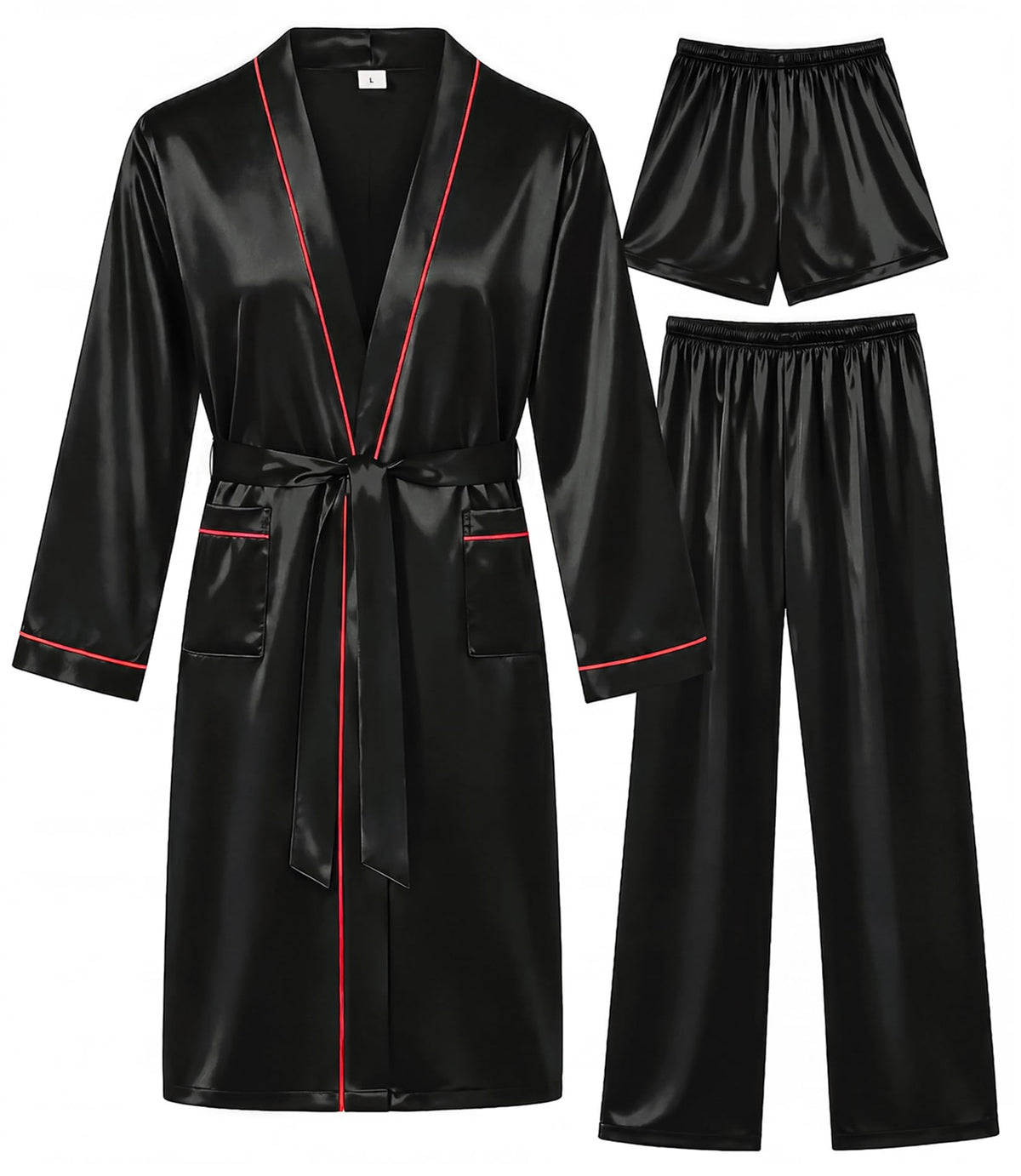 SWOMOG Mens 3 PCS Satin Robe with Pants & Shorts Set Kimono Bathrobe Long Sleeve Sleepwear Pjs Sets with Pockets