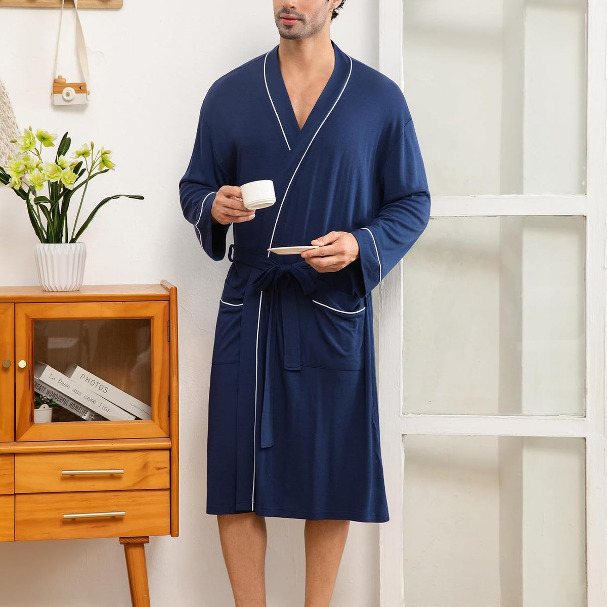 Mens Lightweight Robe Cotton Blend Kimono Bathrobe with Pockets, Soft Breathable Absorbent Loungewear for Home
