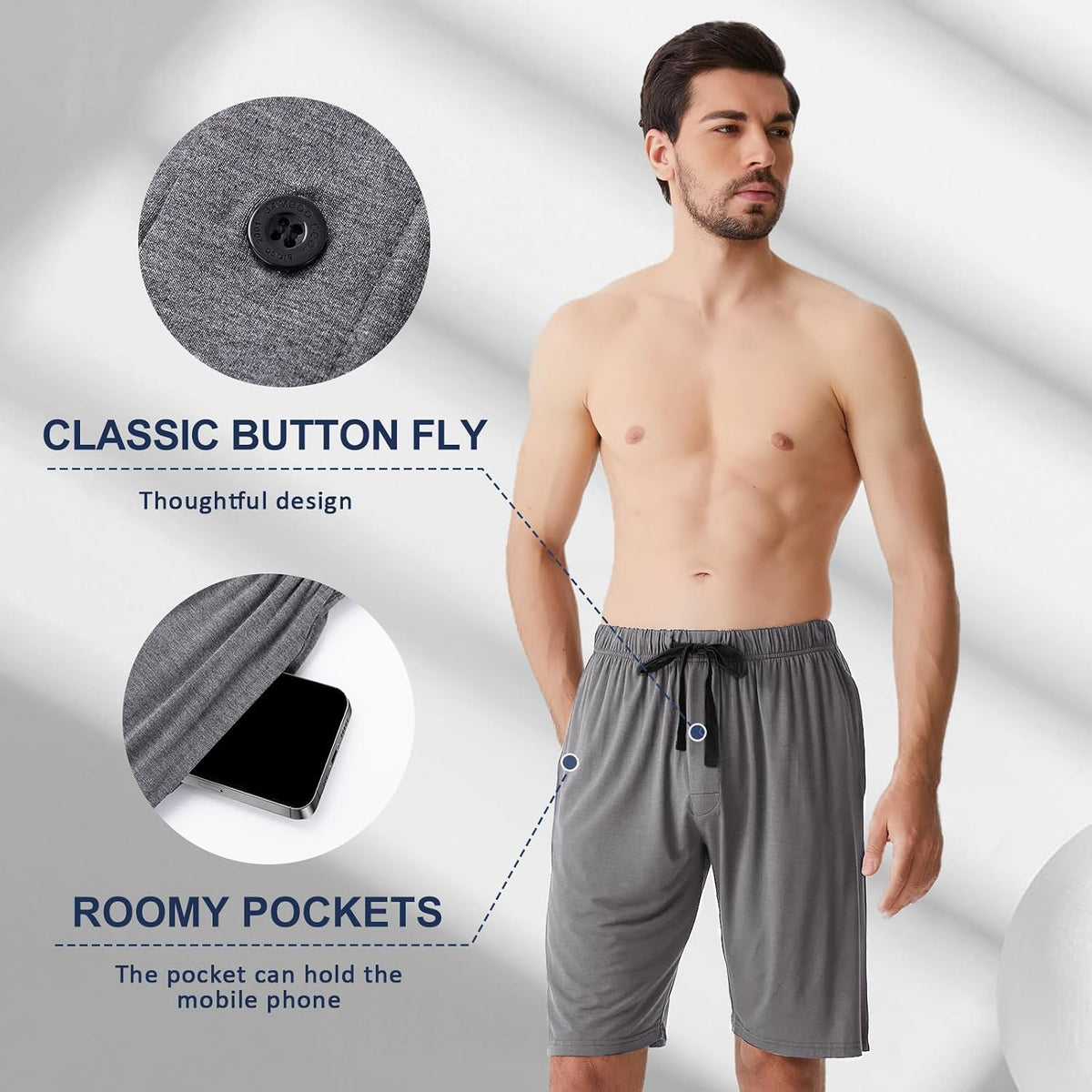 BAMBOO COOL Men's Pajama Shorts Lounge Sleep Shorts with Pockets 2 Pack