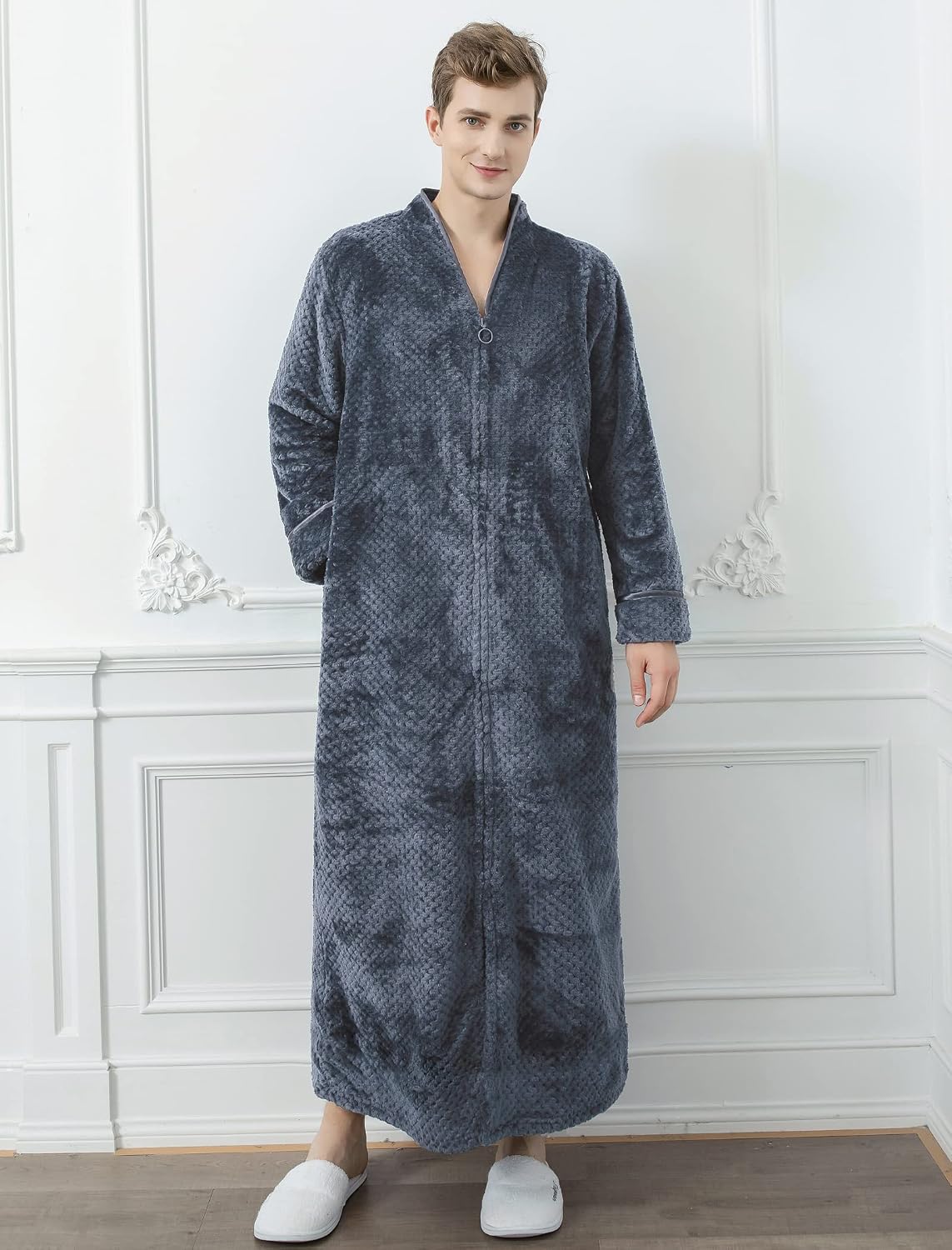 Locachy Men's Flannel Zip Bathrobes Soft Warm Long Fleece Plush Robe Housecoats Nightgown Sleepwear
