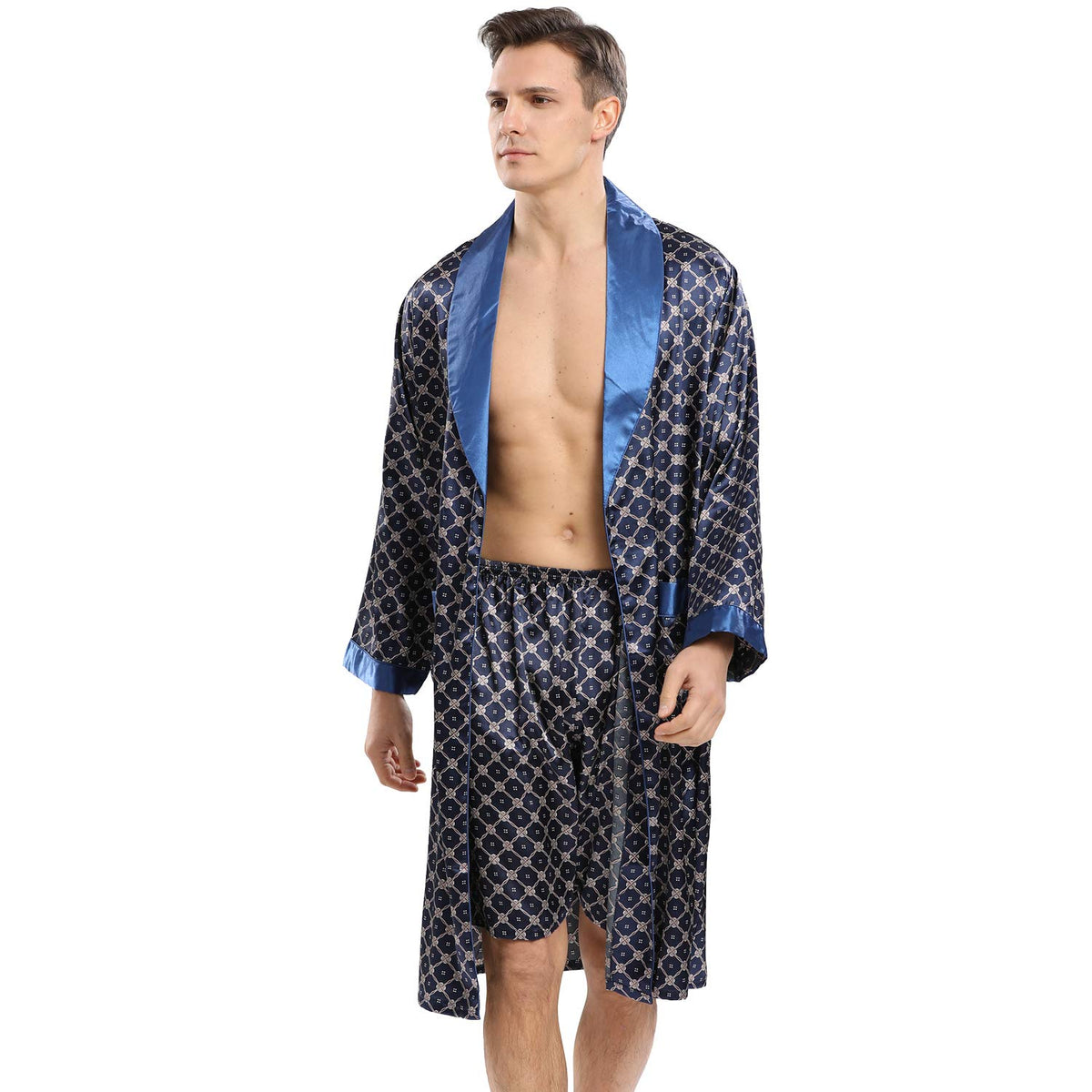 Haseil Men's Luxurious Kimono Robe with Shorts Silk Satin Bathrobes Lightweight Long Sleeve Sleepwear Set