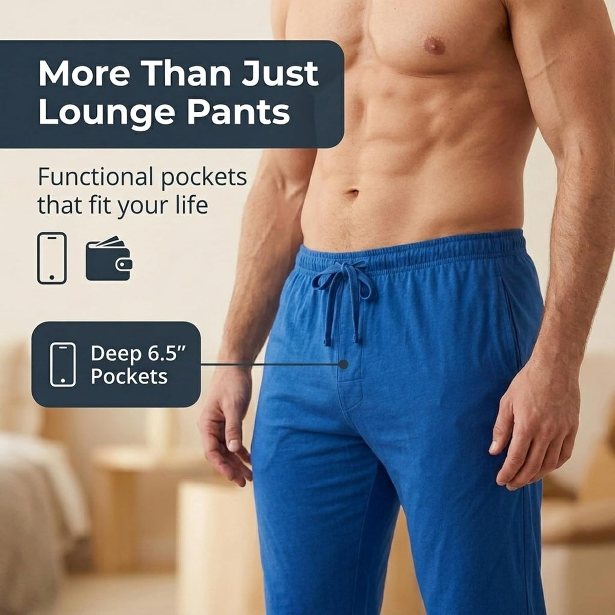 DARESAY Mens Pajama Pants 3 Pack – Soft Knit Lounge Sleepwear with Pockets, Elastic Waist & Drawstring, Up to 3XL
