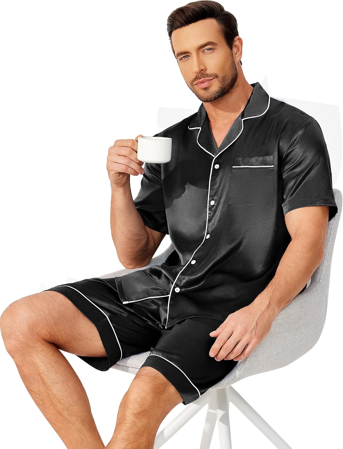 Ekouaer Mens Pajamas Set Silk Satin Pjs Short Sleeve Button Up Lounge Sets