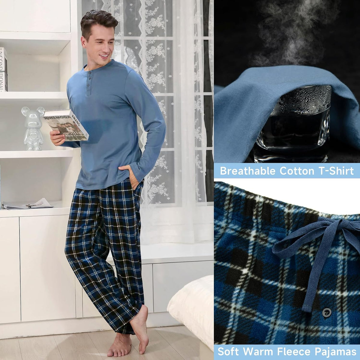DG Hill Mens Pajama Pants - Pajamas Set Flannel PJ Pants for Men Cotton Top