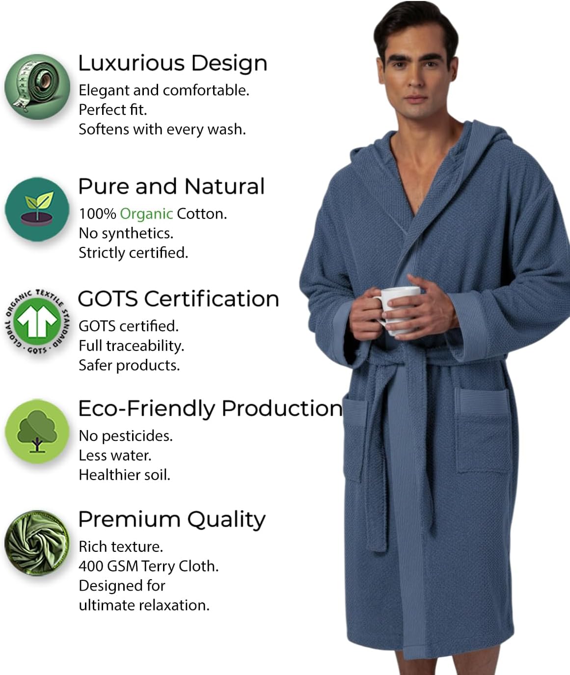 SEYANTE Luxury Bathrobe Men - GOTS Certified Organic Turkish Cotton Terry Cloth Hooded Robe