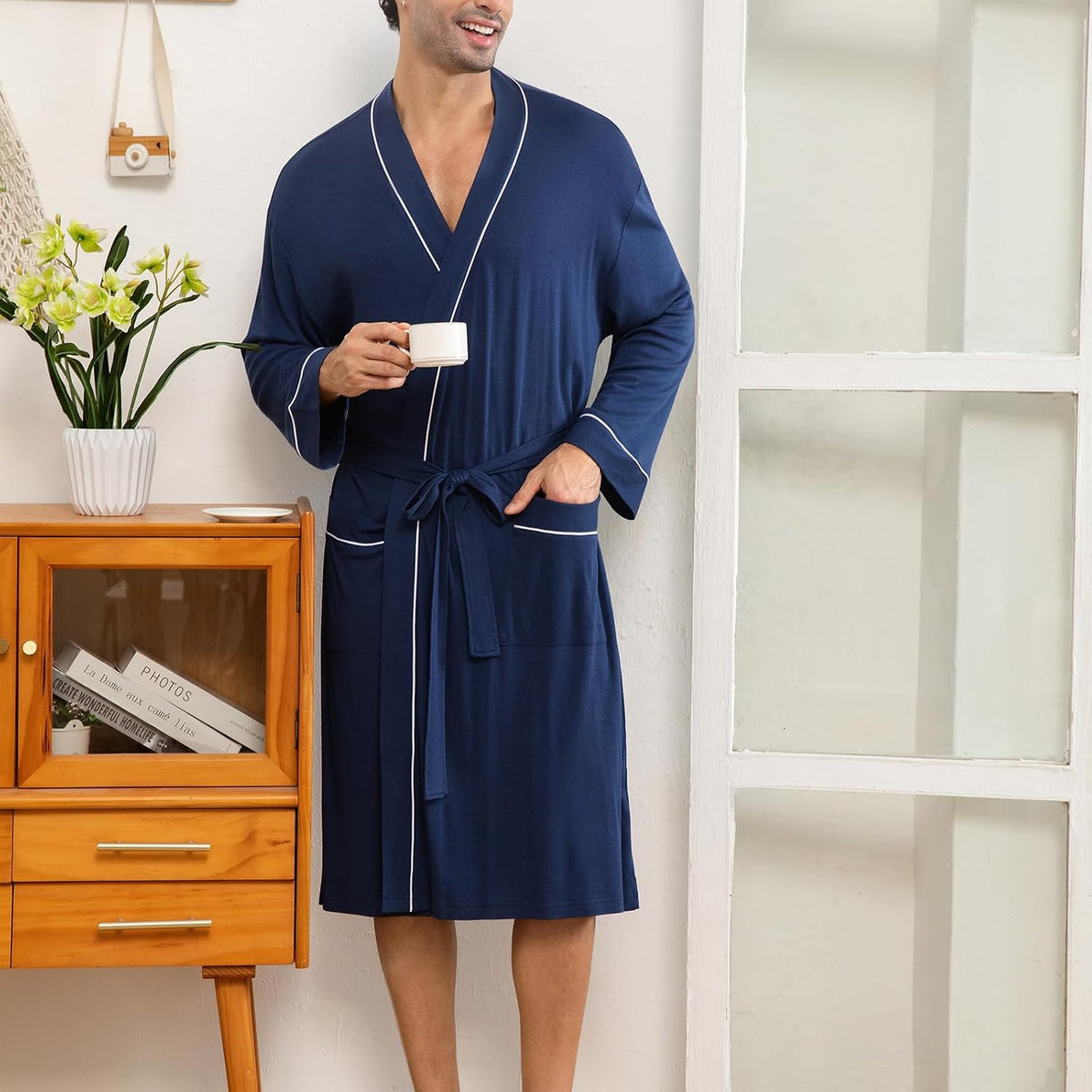 Mens Lightweight Robe Cotton Blend Kimono Bathrobe with Pockets, Soft Breathable Absorbent Loungewear for Home