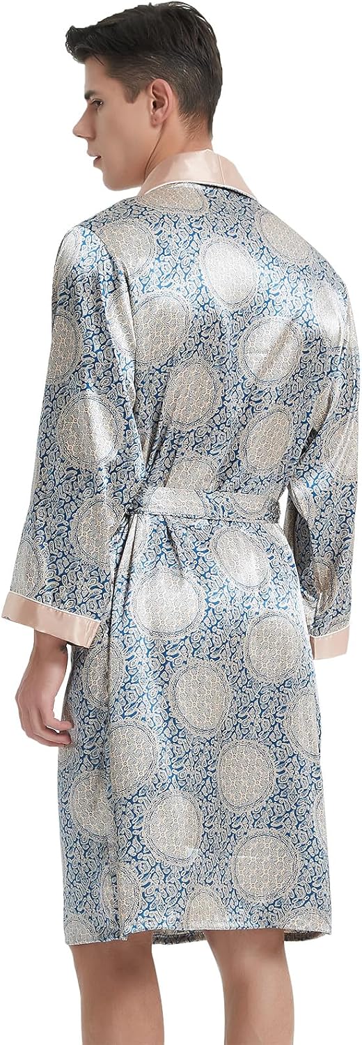 Haseil Men's Luxurious Kimono Robe with Shorts Silk Satin Bathrobes Lightweight Long Sleeve Sleepwear Set