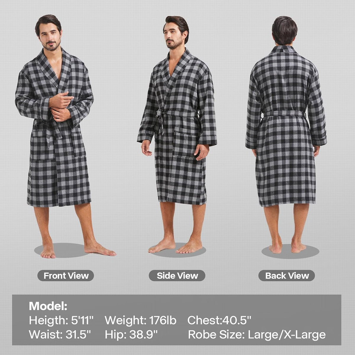 FashGudim Mens Buffalo Plaid Cotton Robe Lightweight Bathrobe Shawl Collar Kimono Sleepwear Loungewear House Robes