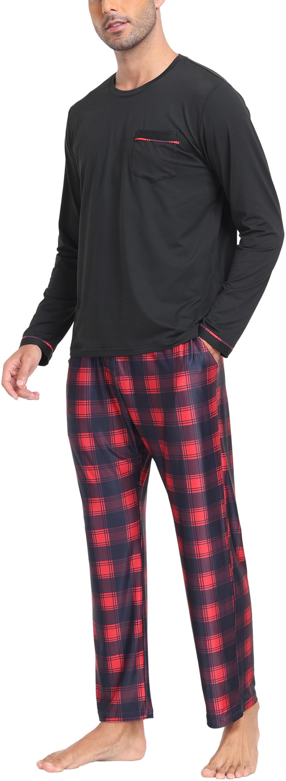 MoFiz Mens Pajamas Sets Long Sleeve Soft Plaid Christmas Pjs with Pockets
