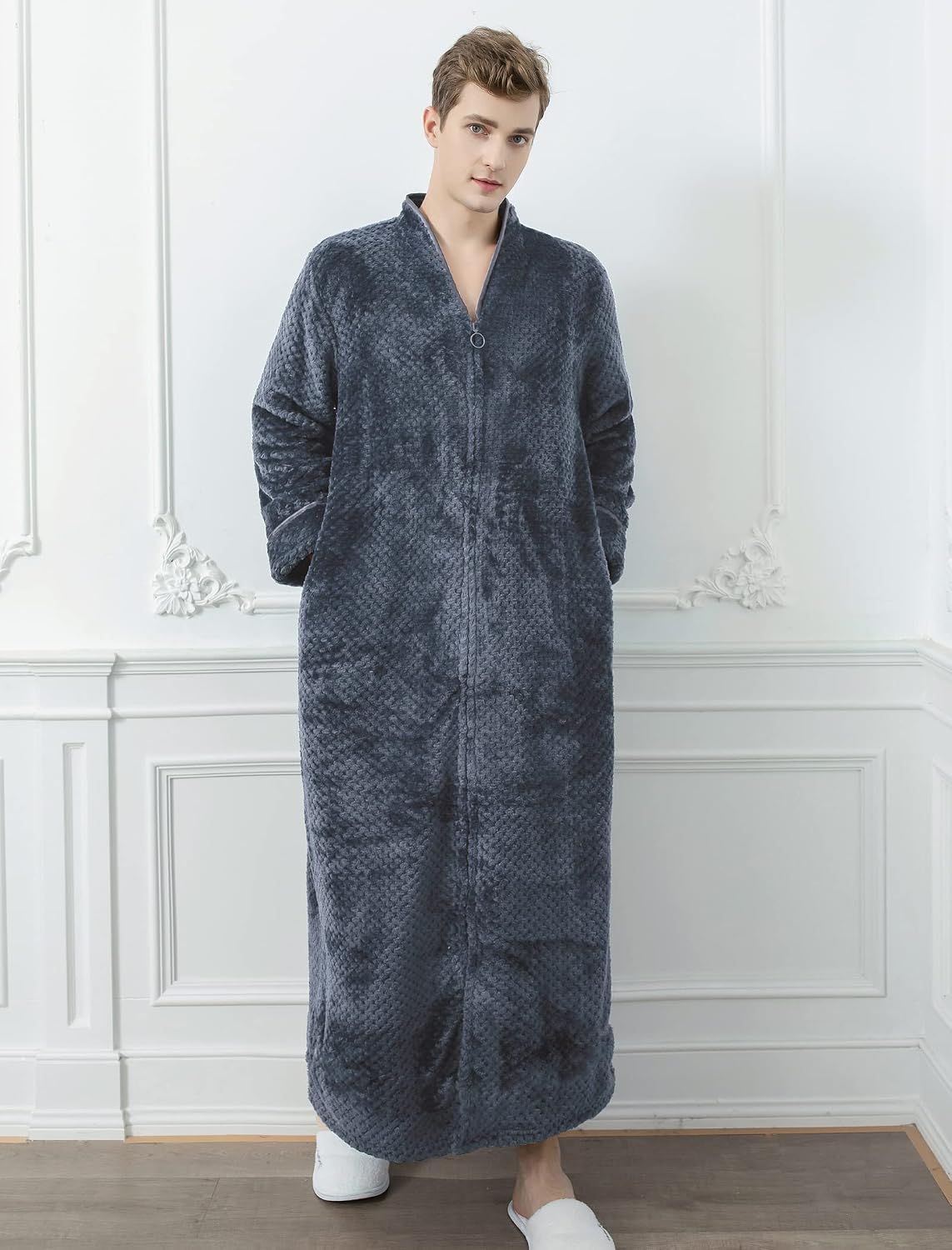 Locachy Men's Flannel Zip Bathrobes Soft Warm Long Fleece Plush Robe Housecoats Nightgown Sleepwear