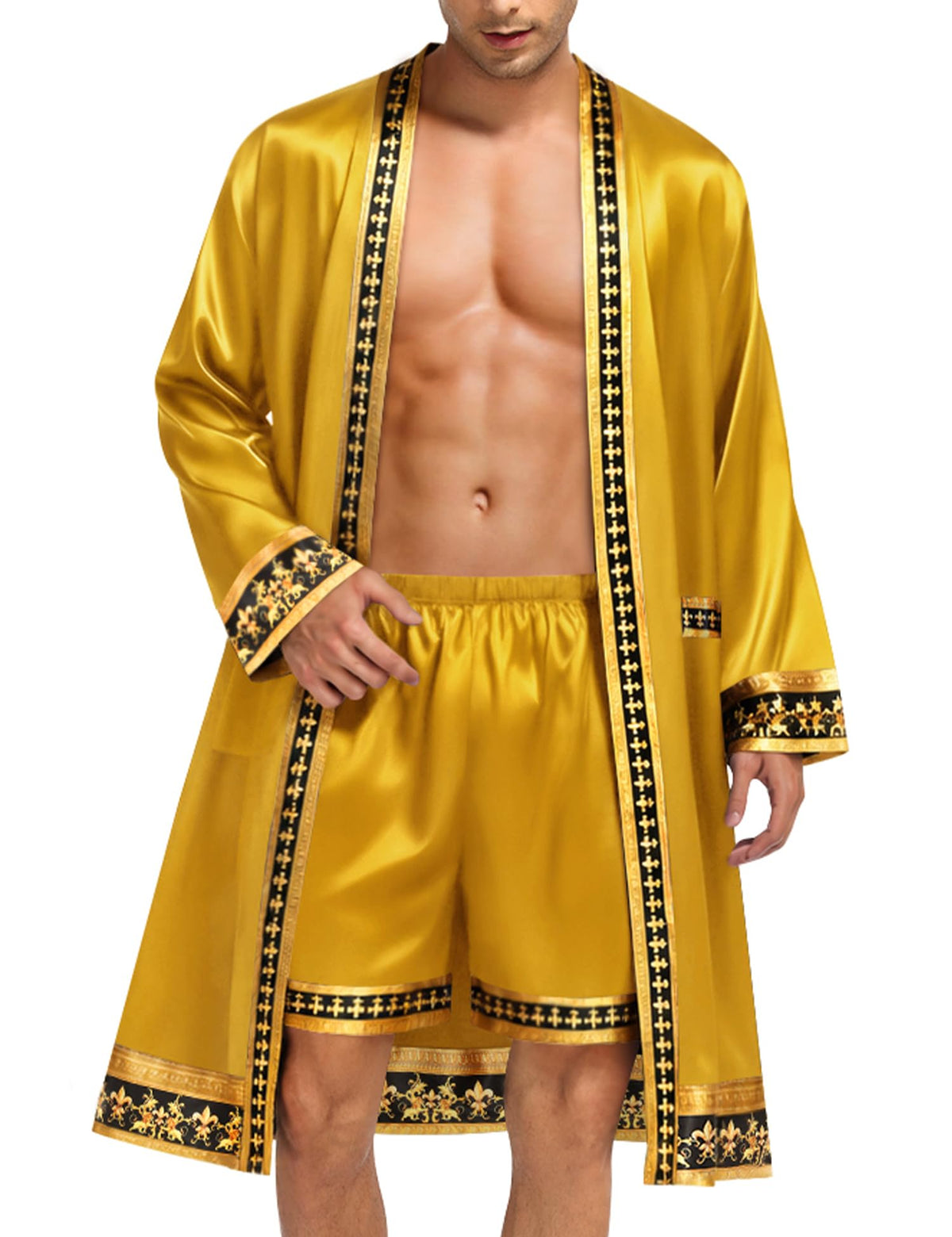 SWOMOG Men's Satin Robe with Shorts Set Silky Kimono Bathrobe Opulent Baroque Robes Lightweight Luxury Sleepwear