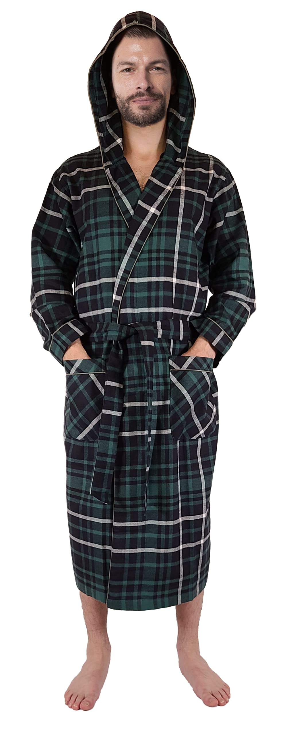 Andrew Scott Mens' Robe with Hoodie| Cotton Flannel Brush Plaid | All Season | Full Length House Robe