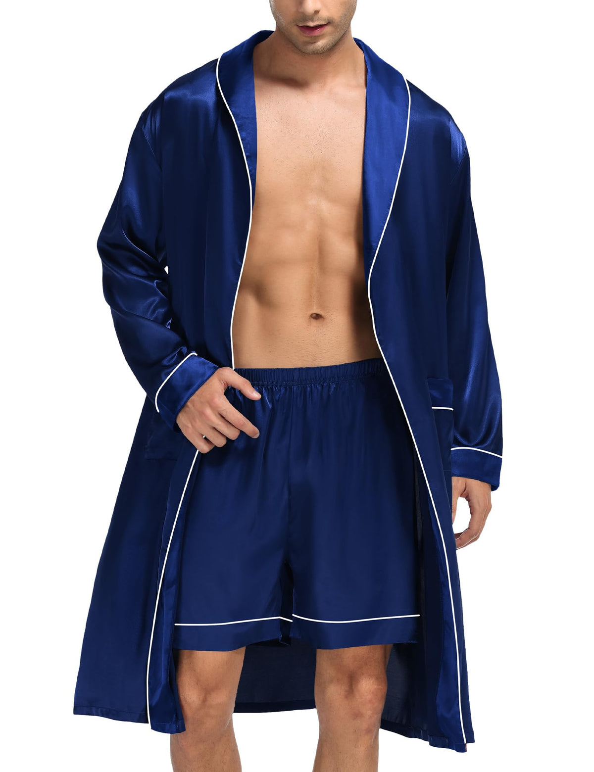 SWOMOG Men's Satin Robe Silky Kimono Bathrobe with Shorts Set Lightweight Soft Loungewear Nightwear