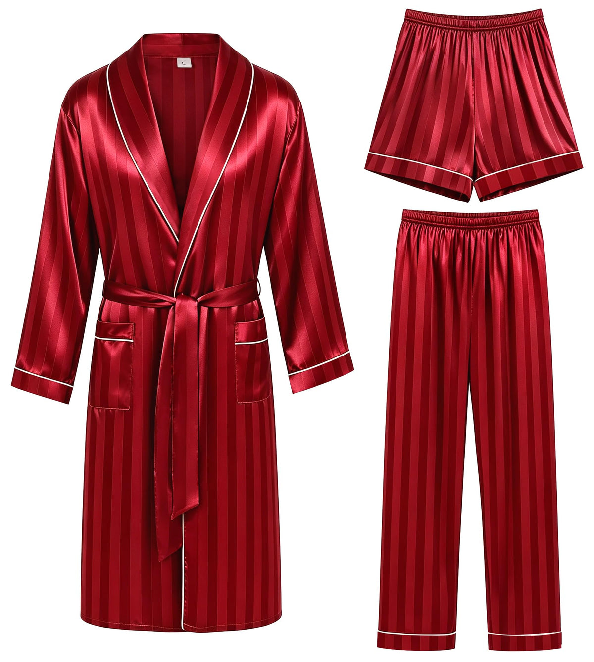 SWOMOG Men's Satin Robe 3 Pcs Silky Kimono Bathrobe Set Lightweight Soft Loungewear Nightwear
