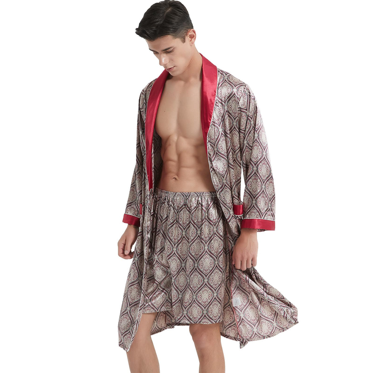 Haseil Men's Luxurious Kimono Robe with Shorts Silk Satin Bathrobes Lightweight Long Sleeve Sleepwear Set