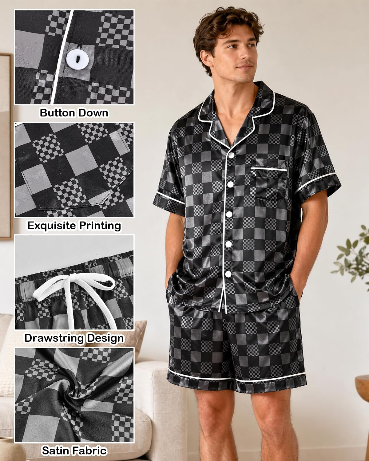 Mens Satin Silky Pajamas Set Short Sleeve Button Down Sleepwear Pjs Summer 2 PCS Loungewear with Pockets M-2XL