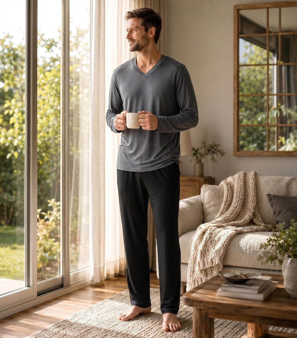 DAVID ARCHY Men's Cotton Pajama Set, Soft V-Neck Long Sleeve PJs