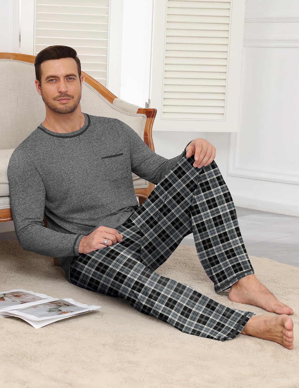 Ekouaer Mens Long Sleeve T-Shirt Pajama Set Soft 2 Piece Lounge Set