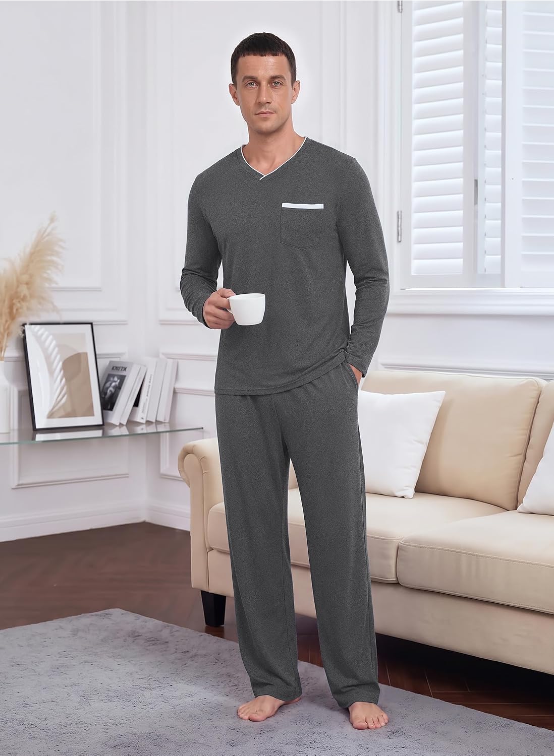 RQP Men's Long Sleeve Pajama Set Soft Stretch Sleepwear with Pockets