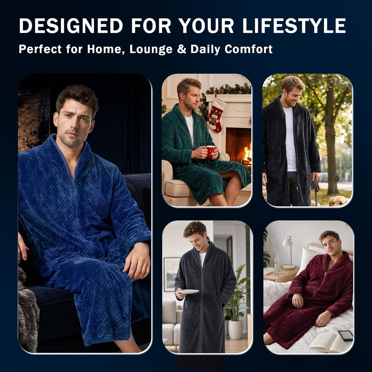 U2SKIIN Men's Fleece Zippered Bathrobe, Soft Plush Robe