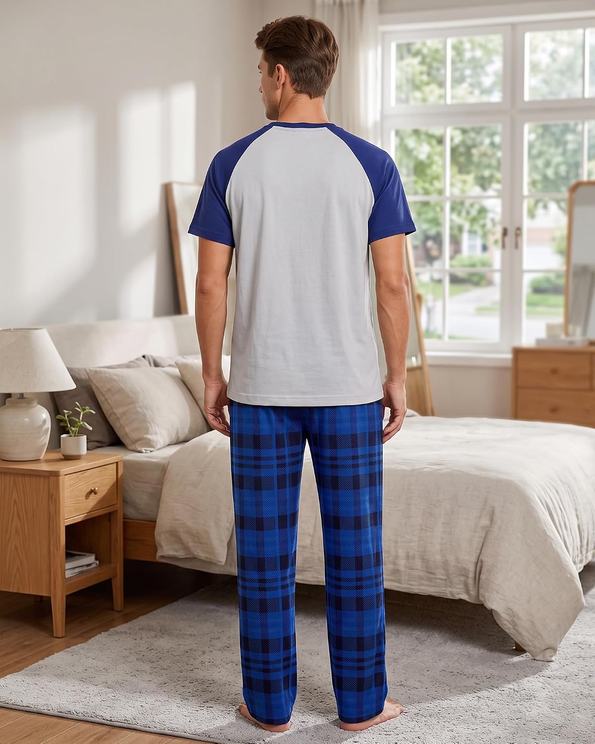Mens Pajamas Set Soft Pjs Short Top Plaid Pants Sleepwear Loungewear Sets