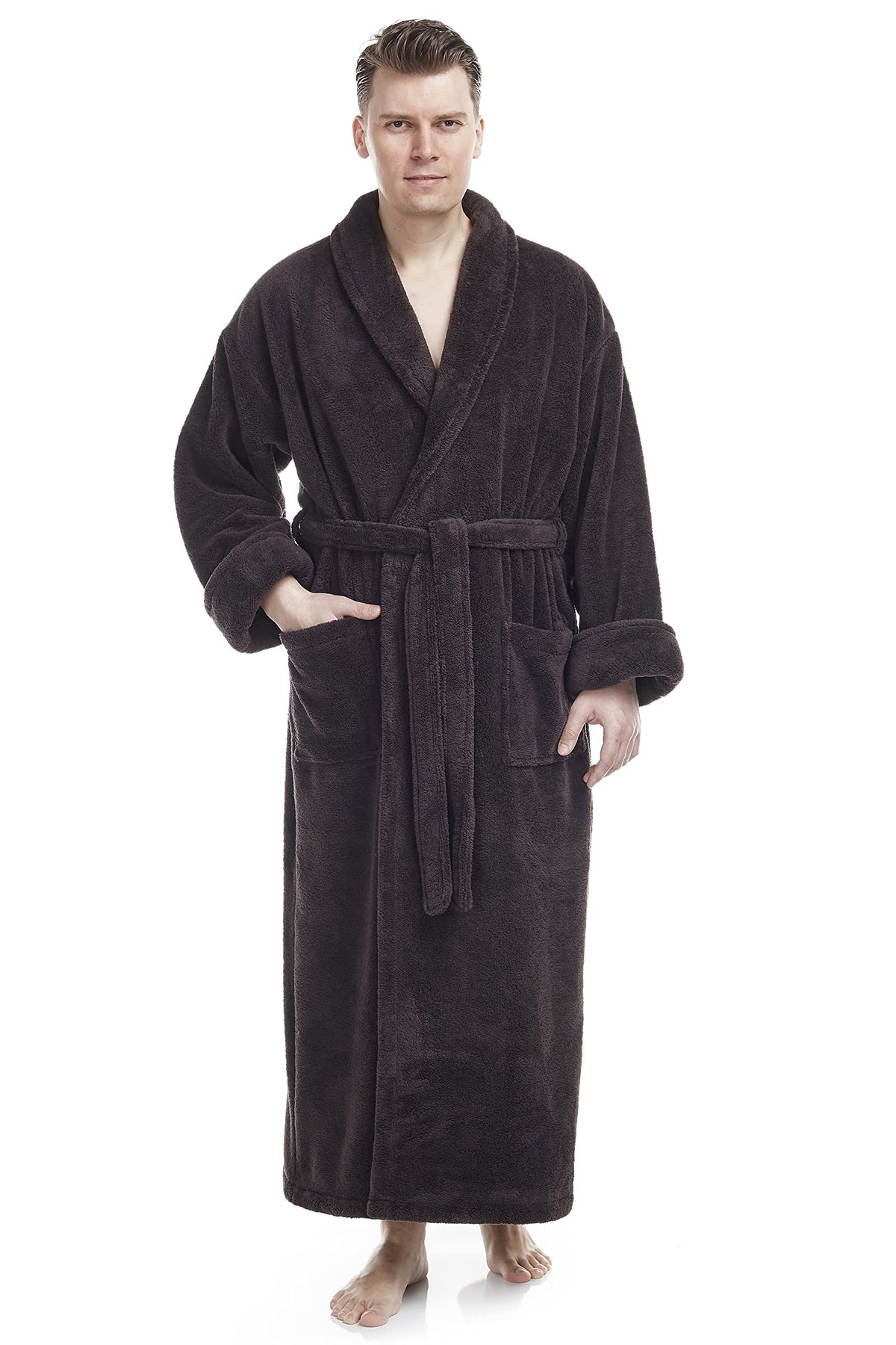 Arus Men's Shawl Collar Full Length Tall Long Fleece Robe, Turkish Bathrobe