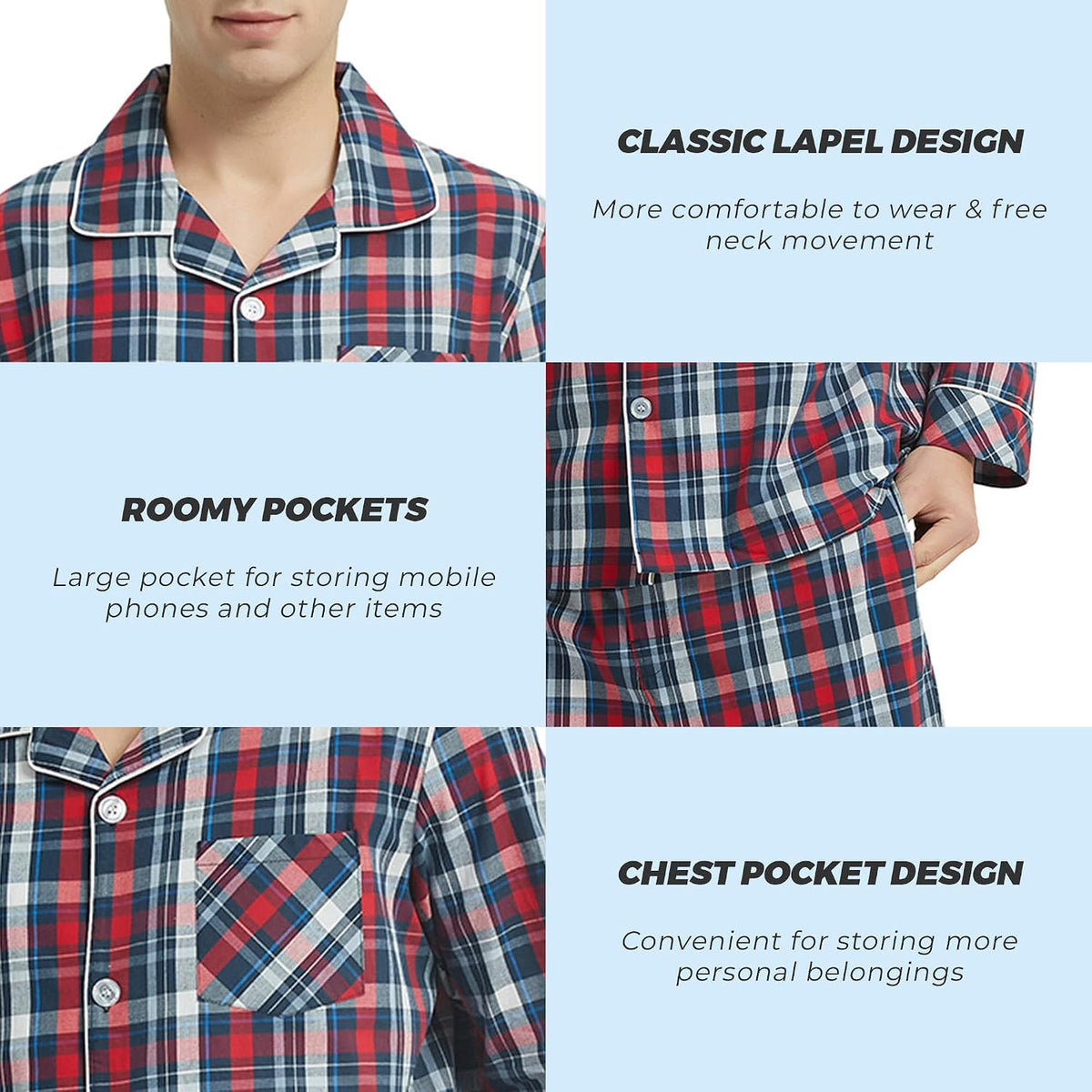 Vulcanodon Mens Cotton Pajama Set, Plaid Button Down Woven Sleepwear