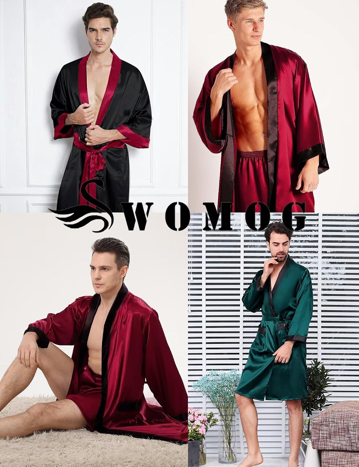 SWOMOG 3Pcs Men's Satin Robe Silk Satin Kimono Bathrobe with Shorts&Pants Set Soft Lightweight Nightwear