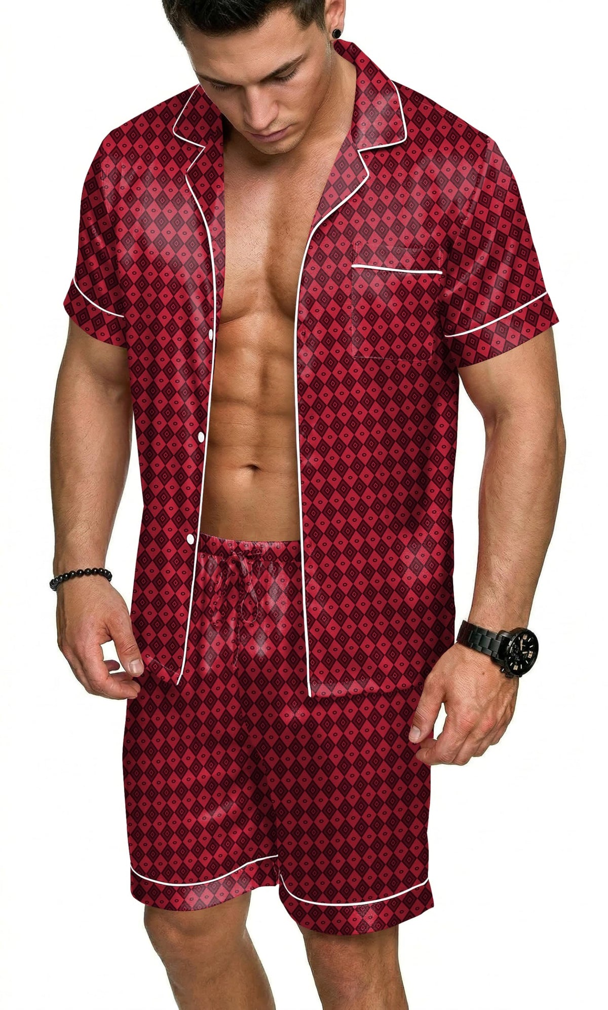 Ekouaer Mens Silk Satin Pajamas Set Short Sleeve Button Up Lounge Pjs Set