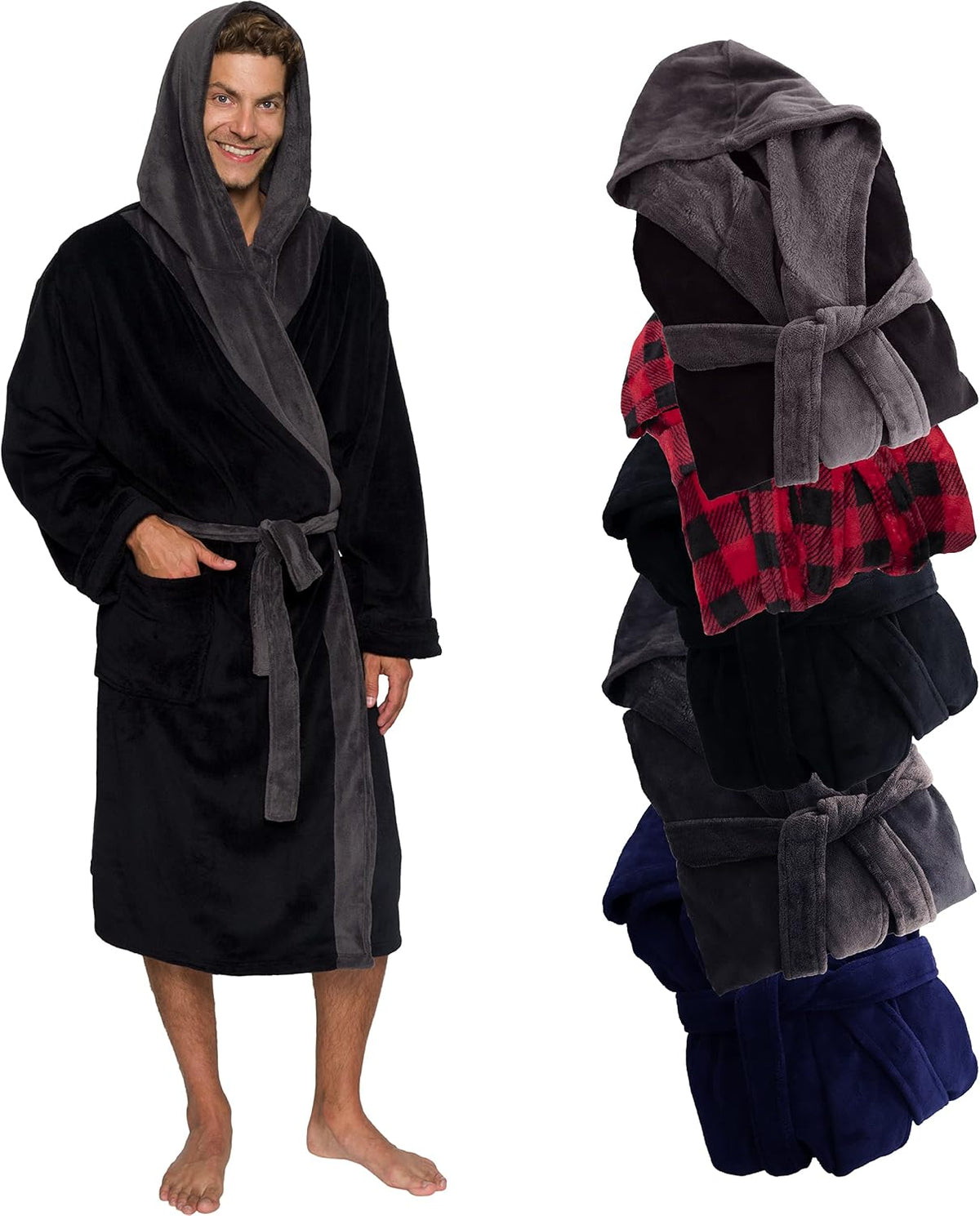 Ross Michaels Mens Robe Hooded Wrap Style - Mid Length Plush Fleece Bathrobe