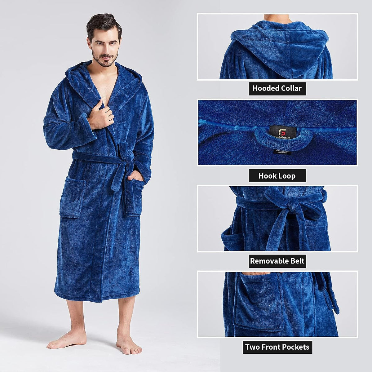 FashGudim Mens Hooded Robe Plush Shawl Collar Kimono Bathrobe Soft Warm Flannel Fleece Spa Robes House Coat Pajamas