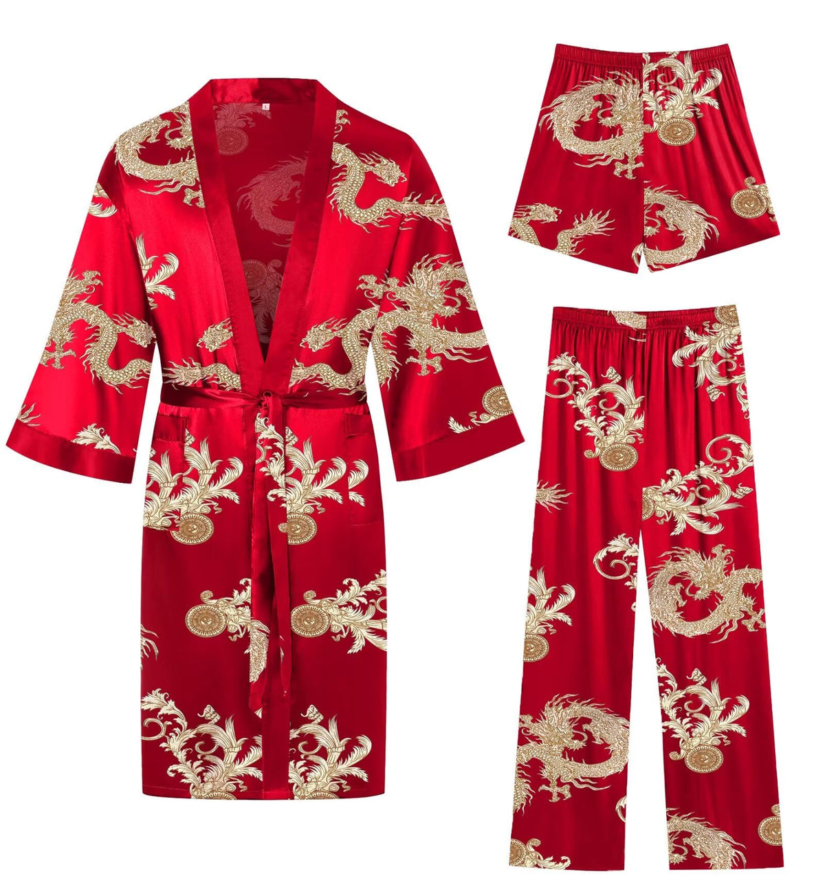SWOMOG 3Pcs Men's Satin Robe Silk Satin Kimono Bathrobe with Shorts&Pants Set Soft Lightweight Nightwear