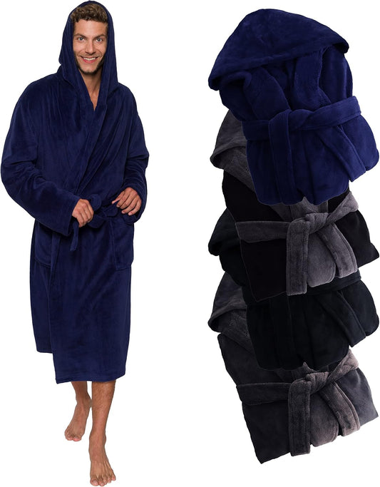 Ross Michaels Mens Robe Hooded Wrap Style - Mid Length Plush Fleece Bathrobe