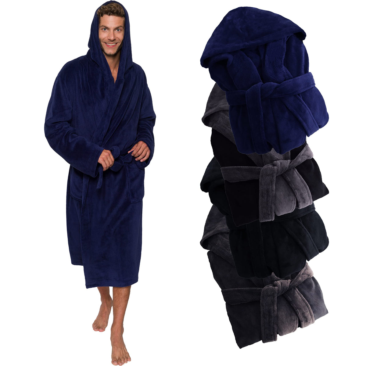 Ross Michaels Mens Robe Hooded Wrap Style - Mid Length Plush Fleece Bathrobe