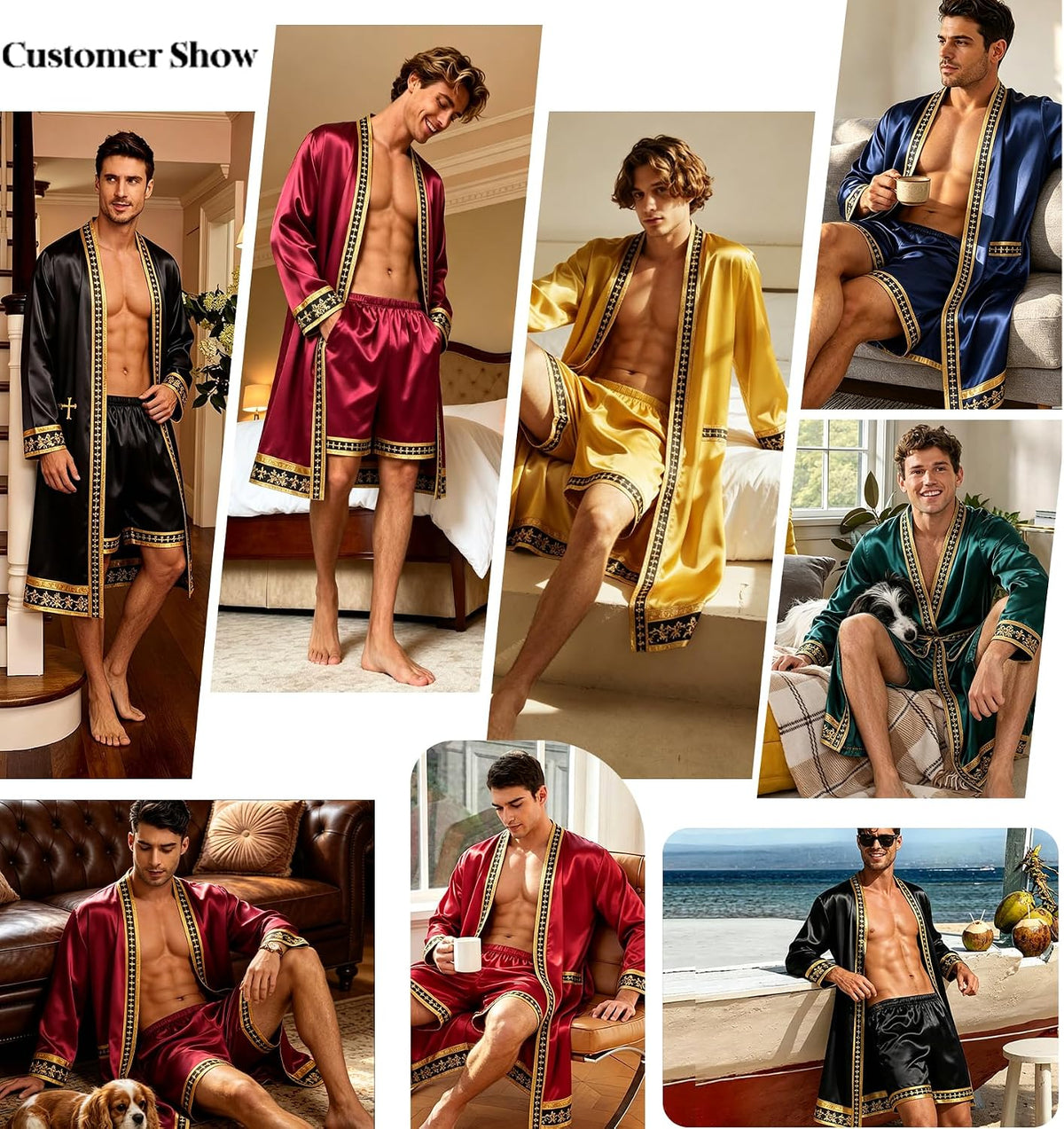 SWOMOG Men's Satin Robe with Shorts Set Silky Kimono Bathrobe Opulent Baroque Robes Lightweight Luxury Sleepwear