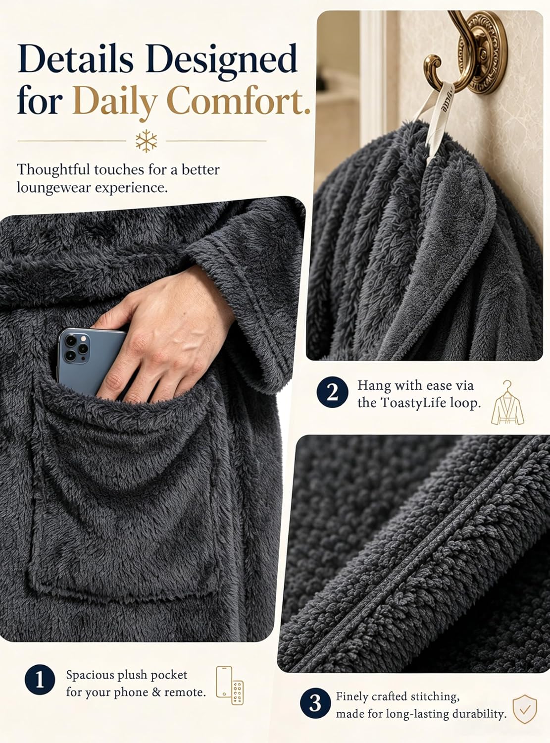 ToastyLife Mens Soft Plush Fleece Long Robe, Hooded Bathrobe with Pockets