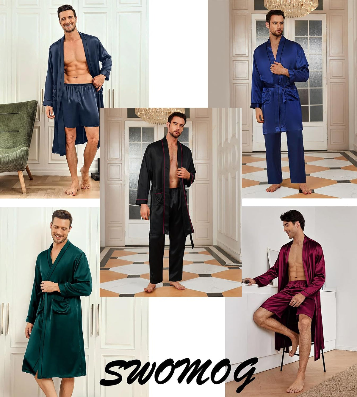 SWOMOG Mens 3 PCS Satin Robe with Pants & Shorts Set Kimono Bathrobe Long Sleeve Sleepwear Pjs Sets with Pockets