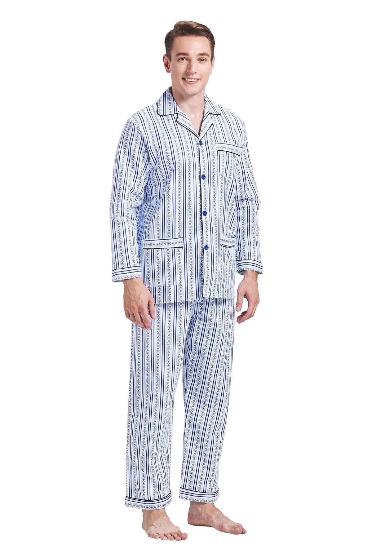 GLOBAL Men's Pajamas Sets 100% Cotton Flannel Sleepwear Long-Sleeve top & Bottom
