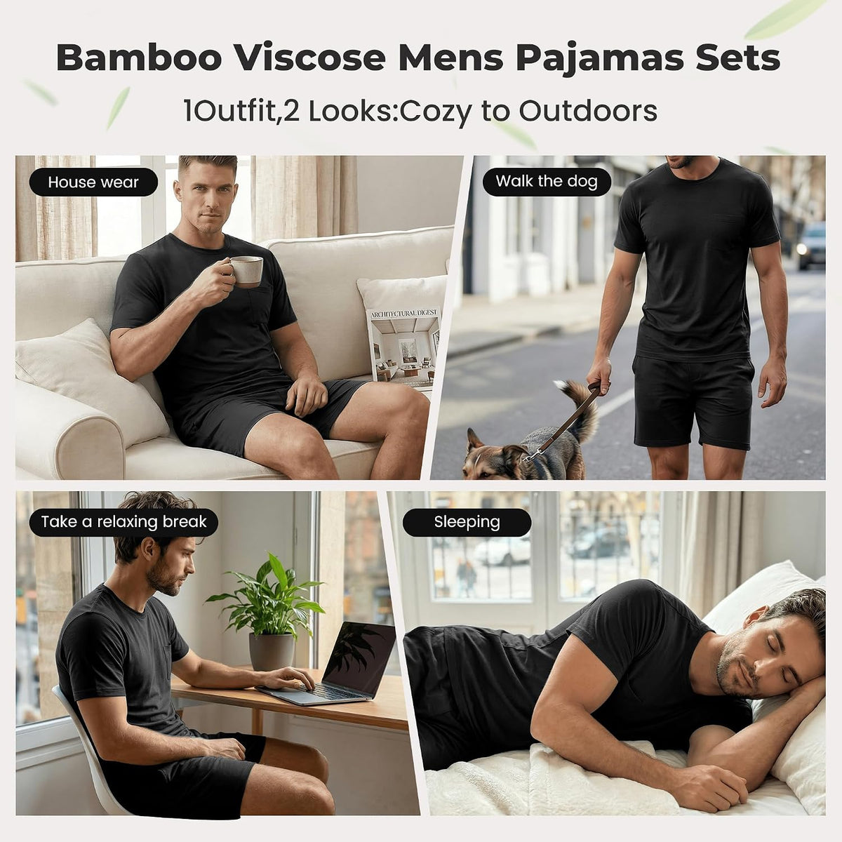 Mens Pajamas Set Cooling Viscose Made from Bamboo: Short Sleeve Shirt and Shorts, Soft Sleepwear Loungewear Summer