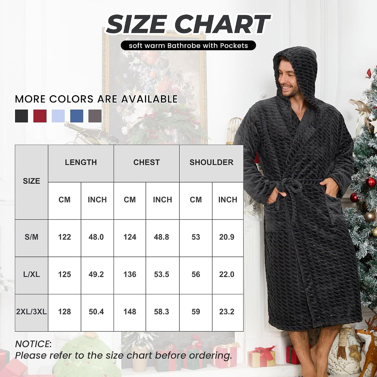 U2SKIIN Mens Plush Fleece Hooded Robe, Soft Warm Long Bathrobe with Pockets, Cozy Spa Shower Robe for Men