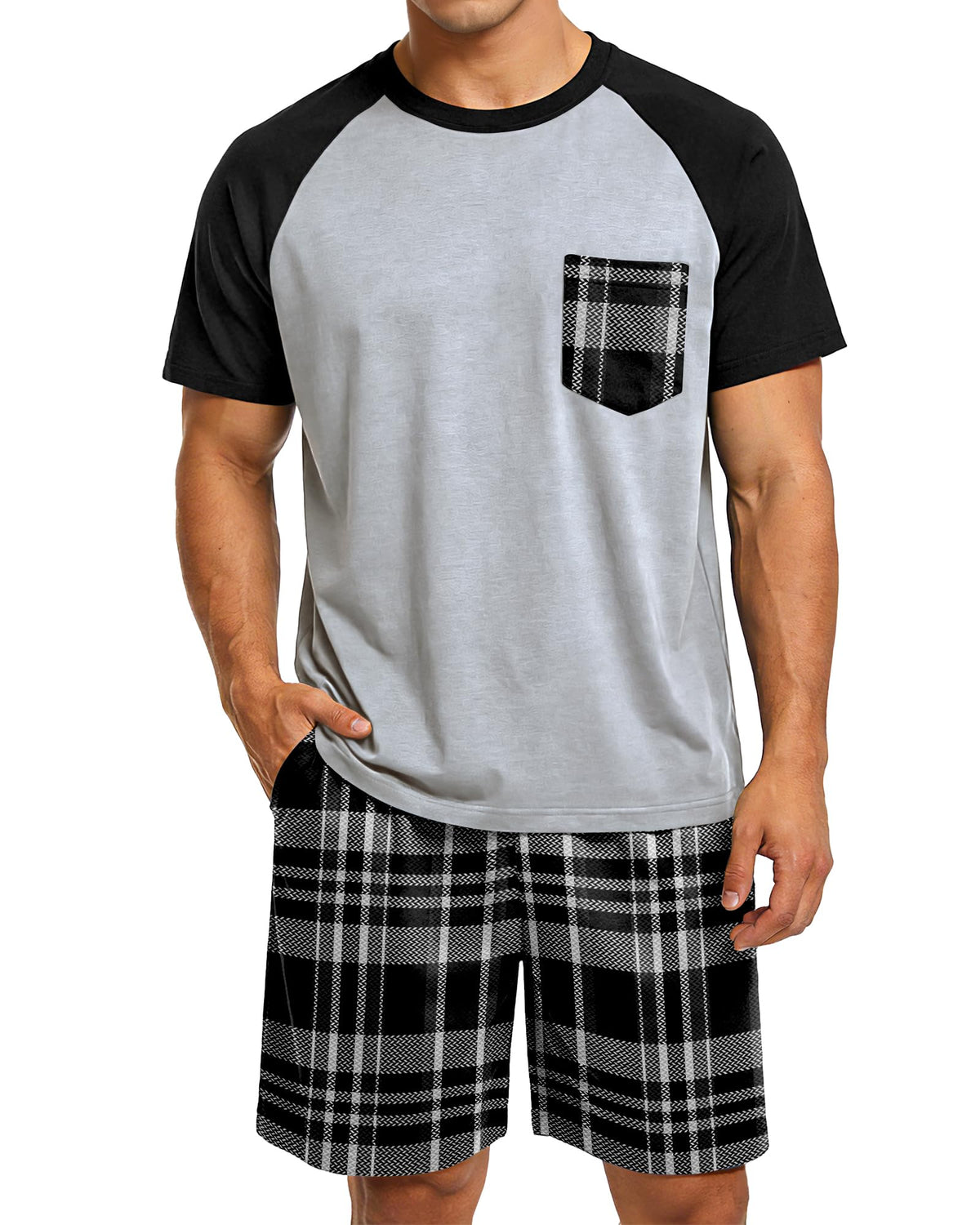 Mens Pajamas Set Summer Pjs Short Sleeve Sleep Set Soft Sleepwear 2 Piece Plaid Loungewear with Pockets M-2XL