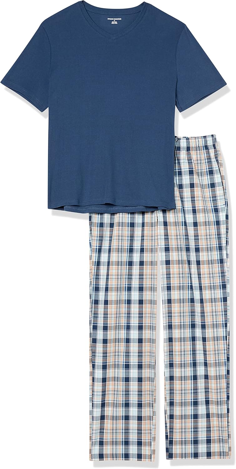 Amazon Essentials Men's Cotton Stretch Poplin Pant with Cotton Jersey T-Shirt Pajama Set