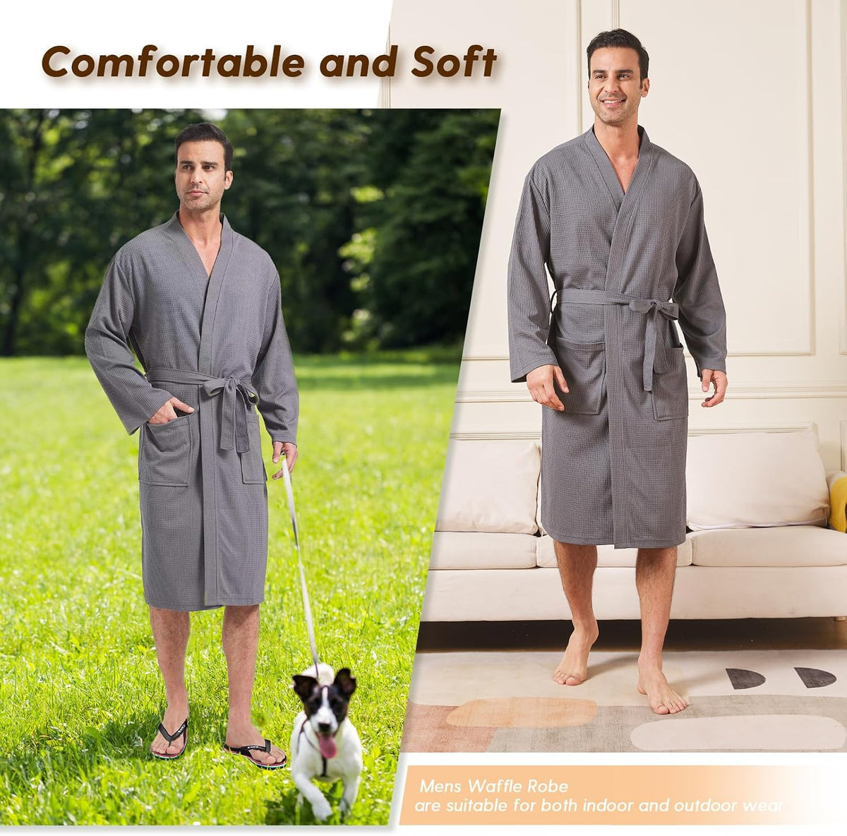 FashGudim Mens Lightweight Waffle Knit Robe Soft Kimono Spa Bathrobes Knee Length Summer Robes